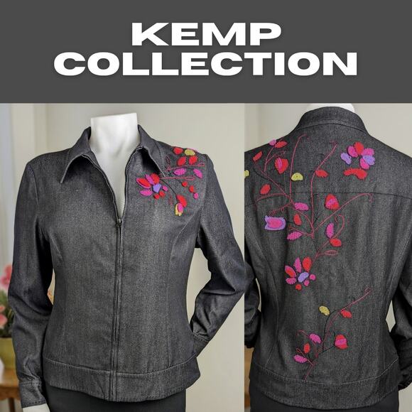 Kemp Collection Zipper Stretch Blazer Gray Embroidered Felted Flower Boho Size 6 - Picture 1 of 10